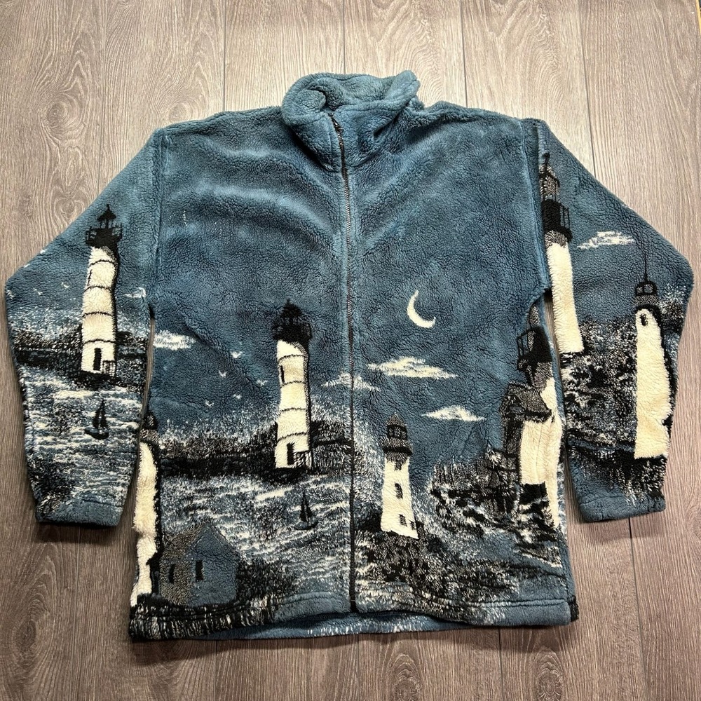 Vintage Mazmania Lighthouse Fleece Jacket Mens Large Blue Full Zip Sherpa USA